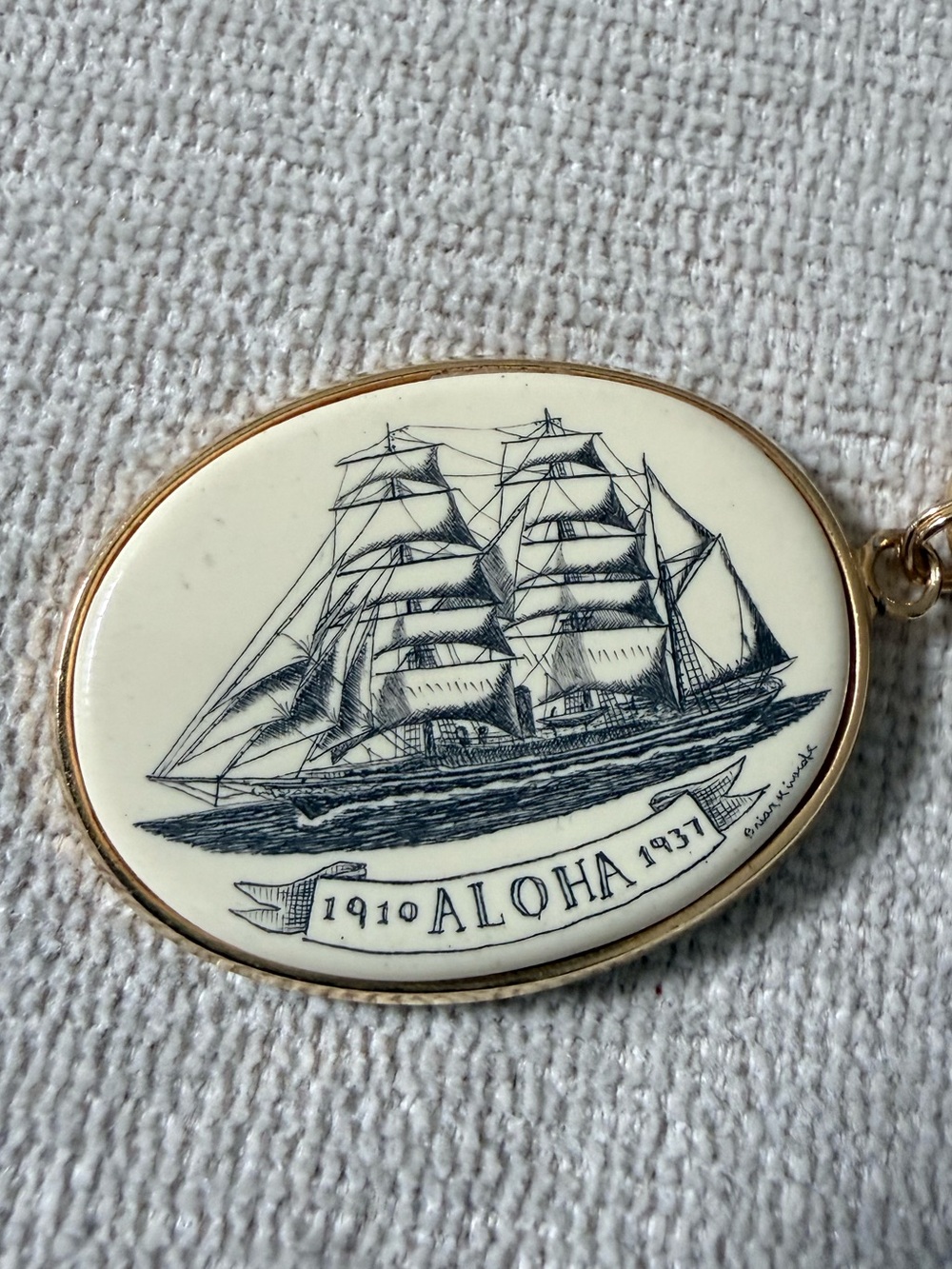 Nautical Key Tag Chain Ship Scrimshaw (1980's)